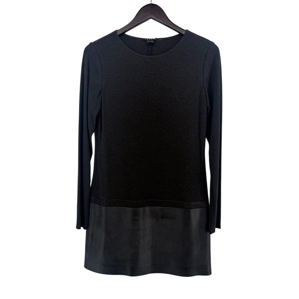 Theory Keiran LNZ‎ Leather Trim Shift Dress Charcoal Gray Black Size M E0506631